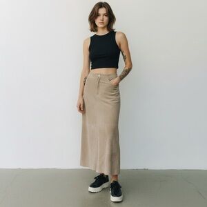 Khaki Suede Midi/Maxi Flared Skirt